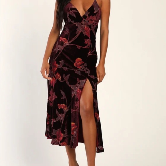 Divine Allure Burgandy Floral Burnout Velvet midi dress - Picture 2 of 3